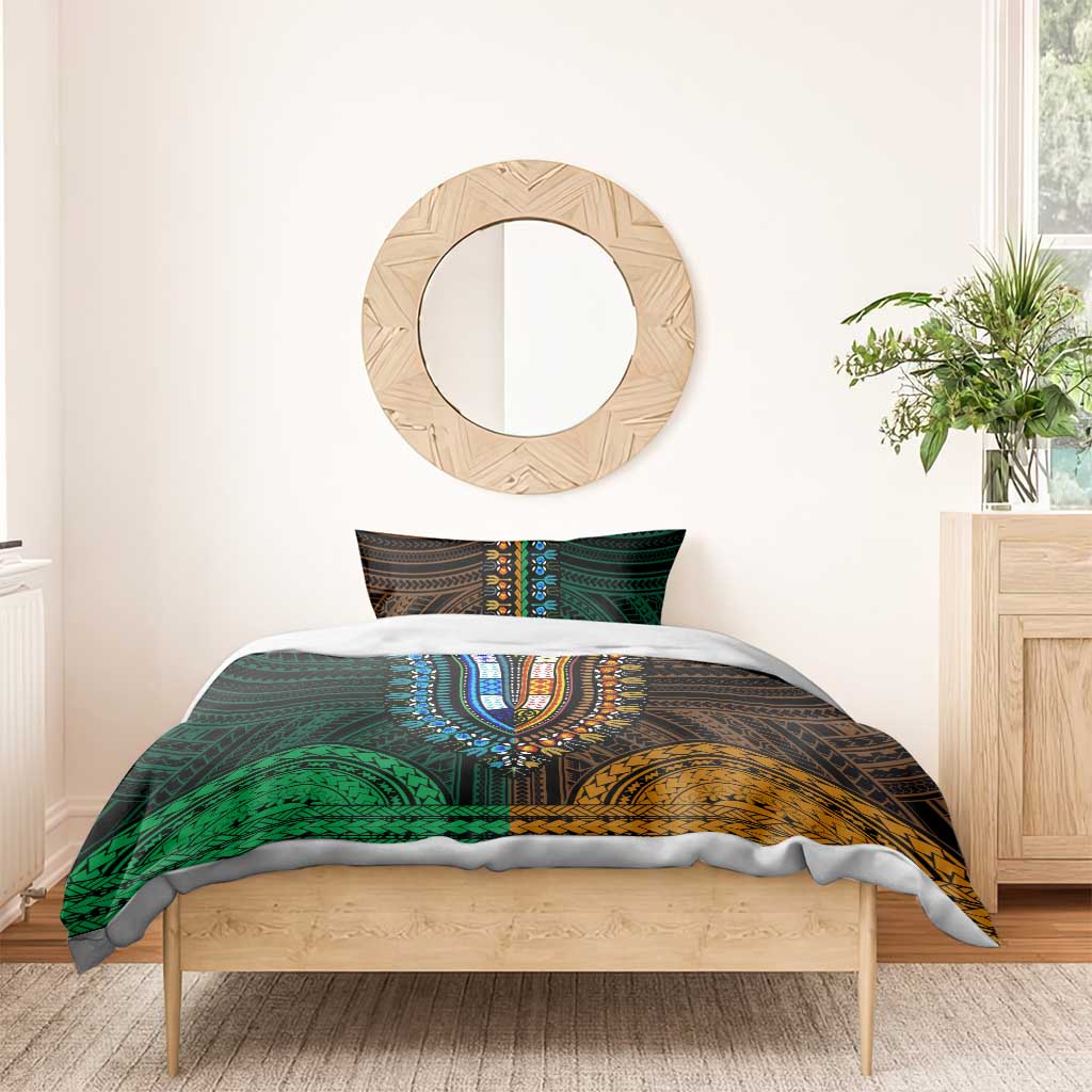 African Dashiki and Polynesian Pattern Bedding Set Half Green-Gold