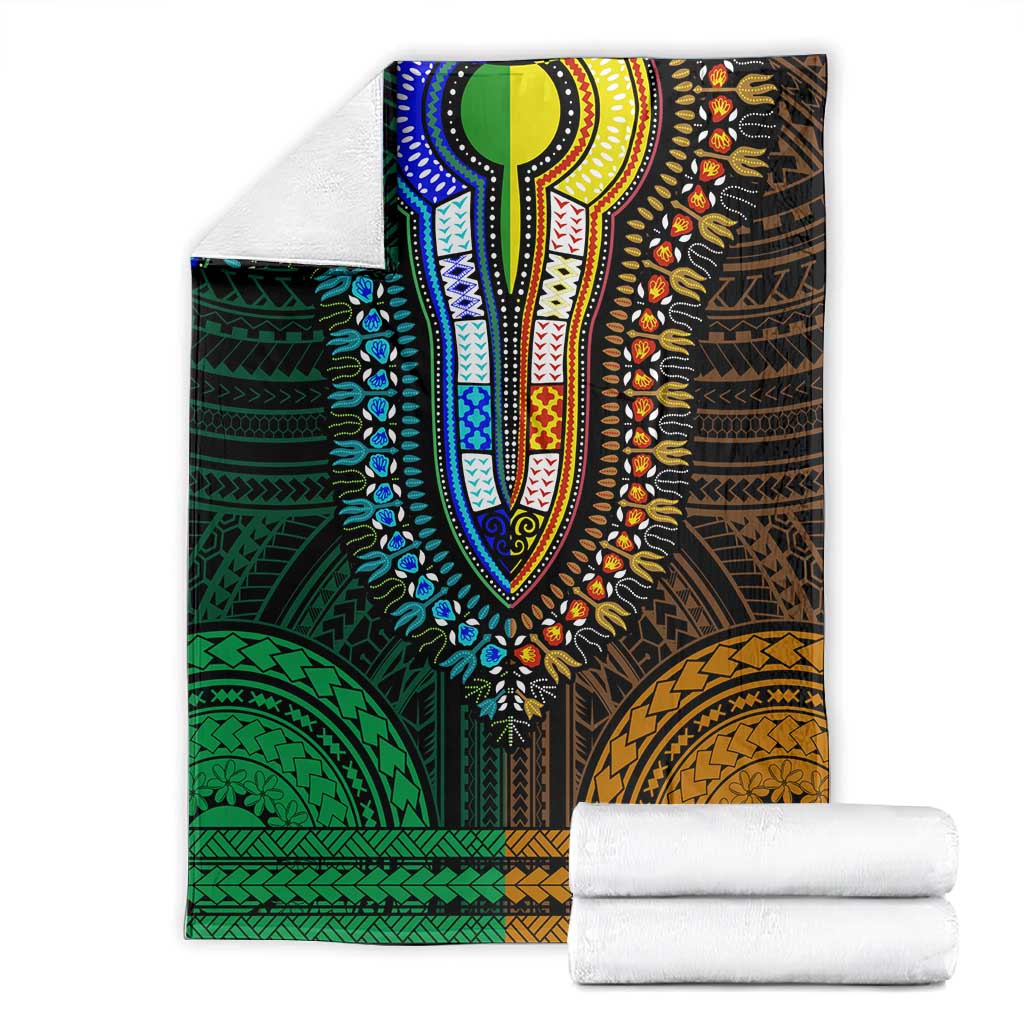 African Dashiki and Polynesian Pattern Blanket Half Green-Gold