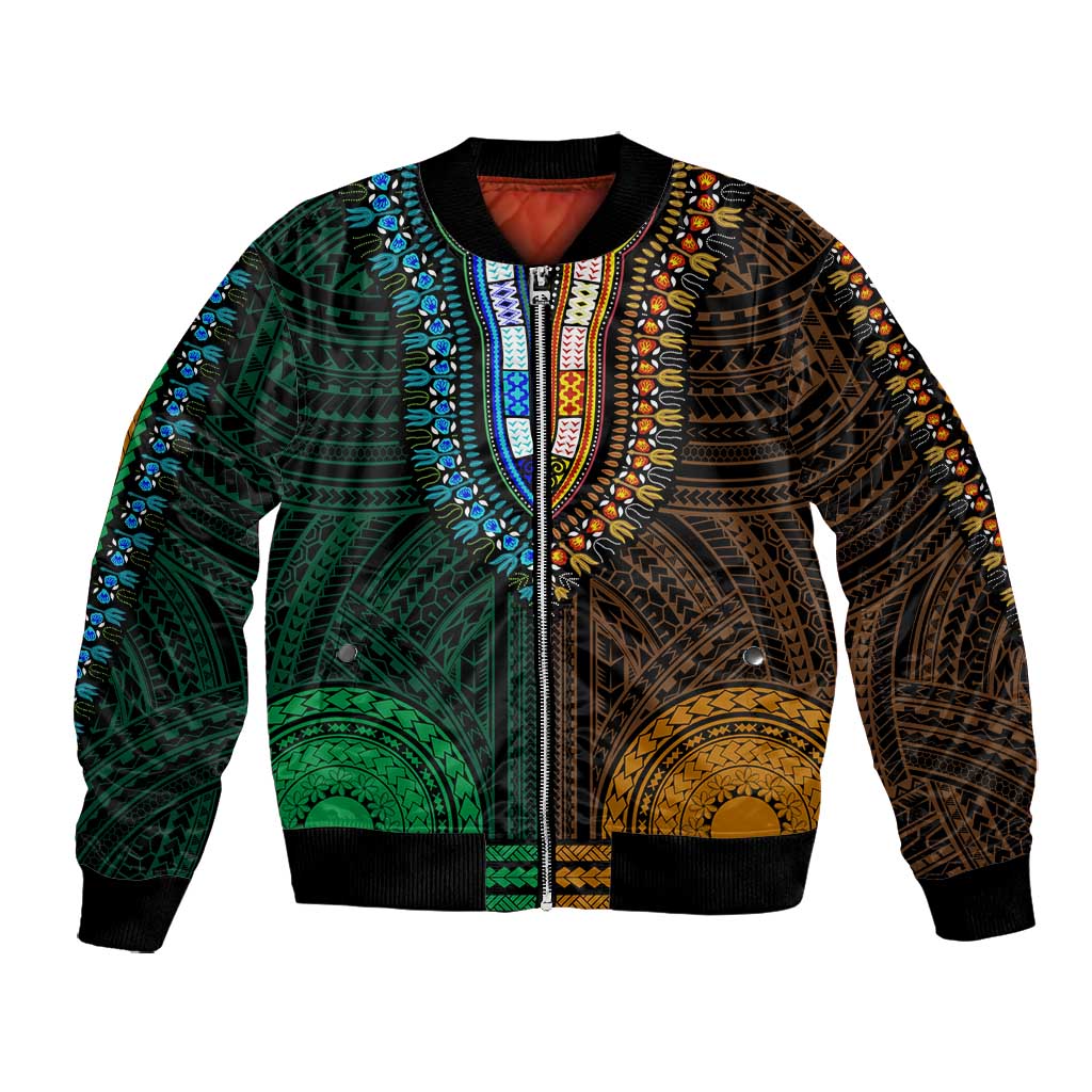 African Dashiki and Polynesian Pattern Bomber Jacket Half Green-Gold