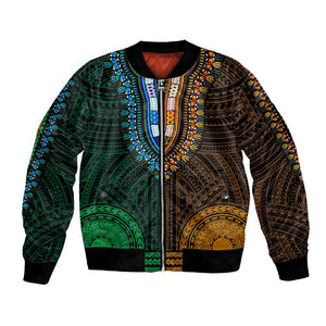 African Dashiki and Polynesian Pattern Bomber Jacket Half Green-Gold