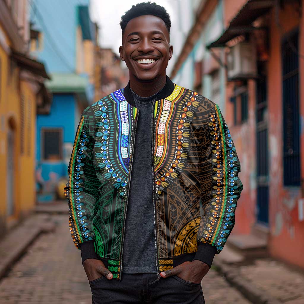 African Dashiki and Polynesian Pattern Bomber Jacket Half Green-Gold