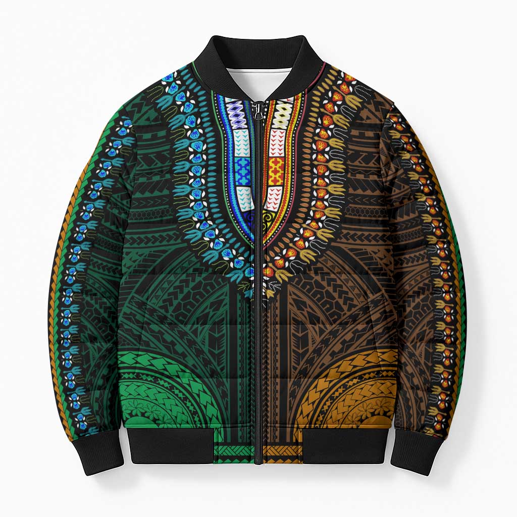 African Dashiki and Polynesian Pattern Bomber Puffer Jacket Half Green-Gold