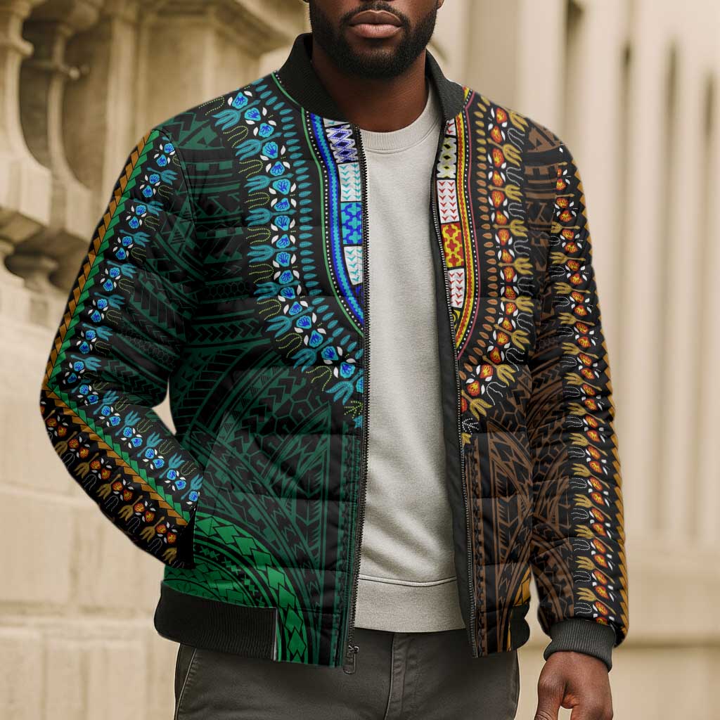 African Dashiki and Polynesian Pattern Bomber Puffer Jacket Half Green-Gold