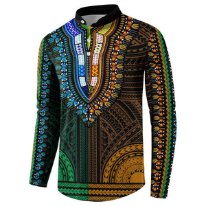 African Dashiki and Polynesian Pattern Button Sweatshirt Half Green-Gold
