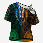 African Dashiki and Polynesian Pattern Cross Shoulder Shirt Half Green-Gold