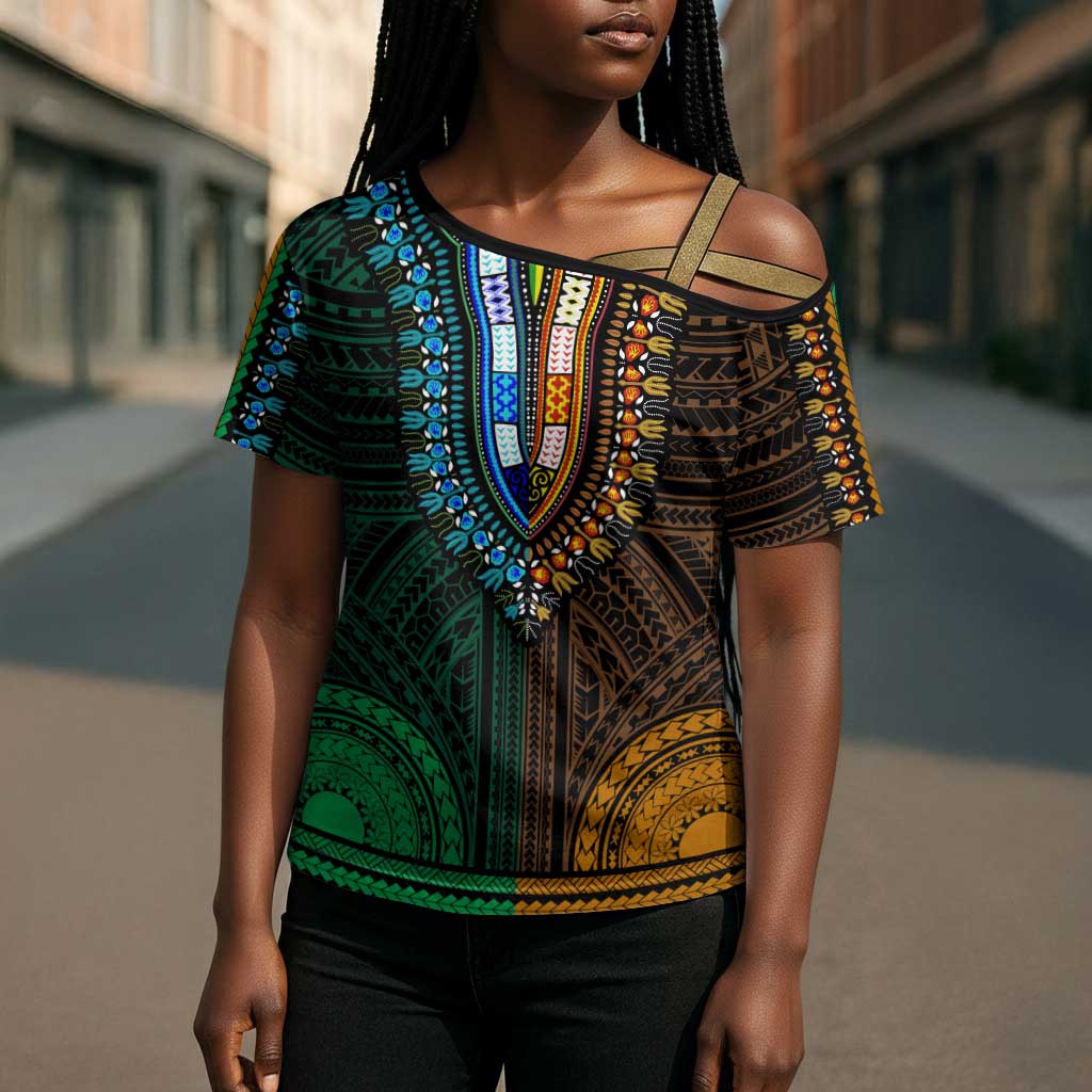 African Dashiki and Polynesian Pattern Cross Shoulder Shirt Half Green-Gold