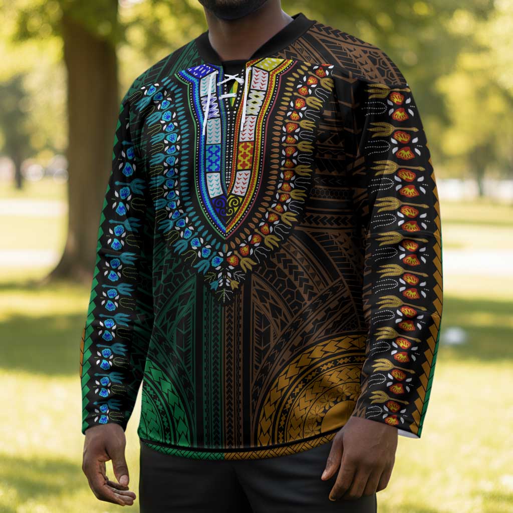 African Dashiki and Polynesian Pattern Hockey Jersey Half Green-Gold
