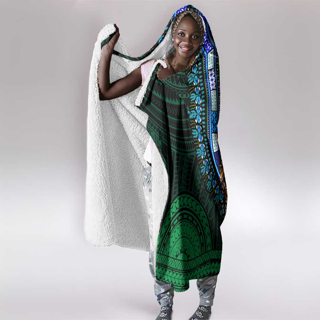 African Dashiki and Polynesian Pattern Hooded Blanket Half Green-Gold