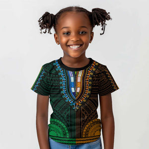 African Dashiki and Polynesian Pattern Kid T shirt Half Green-Gold