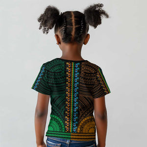 African Dashiki and Polynesian Pattern Kid T shirt Half Green-Gold
