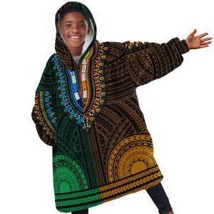 African Dashiki and Polynesian Pattern Kid Wearable Blanket Hoodie Half Green-Gold