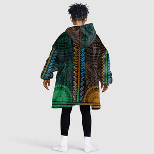 African Dashiki and Polynesian Pattern Kid Wearable Blanket Hoodie Half Green-Gold