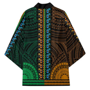 African Dashiki and Polynesian Pattern Kimono Half Green-Gold