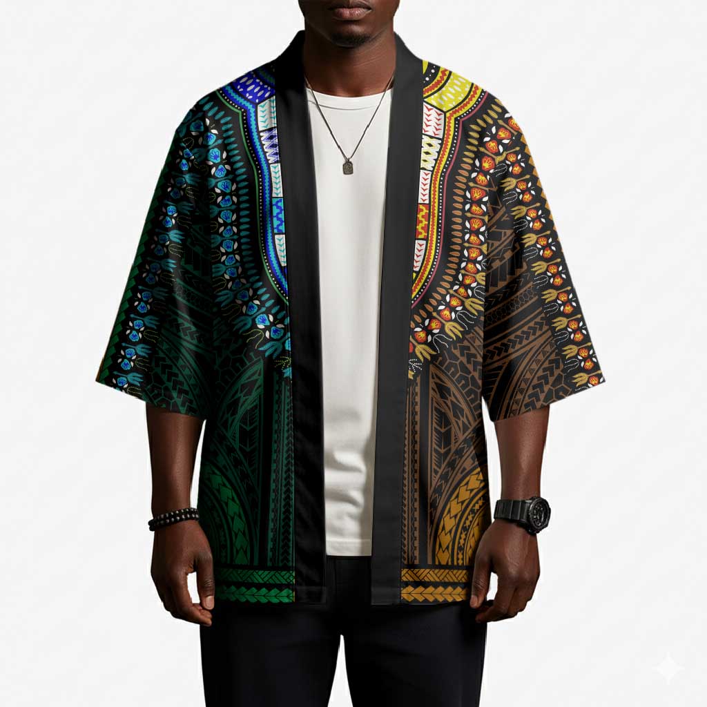 African Dashiki and Polynesian Pattern Kimono Half Green-Gold