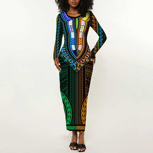 African Dashiki and Polynesian Pattern Long Sleeve Bodycon Dress Half Green-Gold LT9