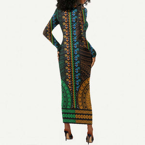 African Dashiki and Polynesian Pattern Long Sleeve Bodycon Dress Half Green-Gold LT9