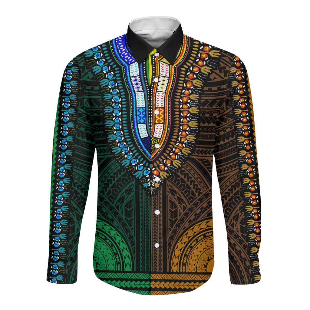 African Dashiki and Polynesian Pattern Long Sleeve Button Shirt Half Green-Gold