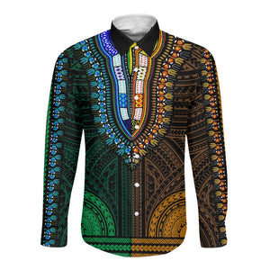 African Dashiki and Polynesian Pattern Long Sleeve Button Shirt Half Green-Gold