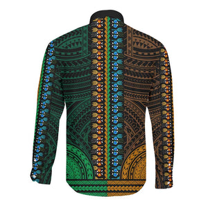 African Dashiki and Polynesian Pattern Long Sleeve Button Shirt Half Green-Gold