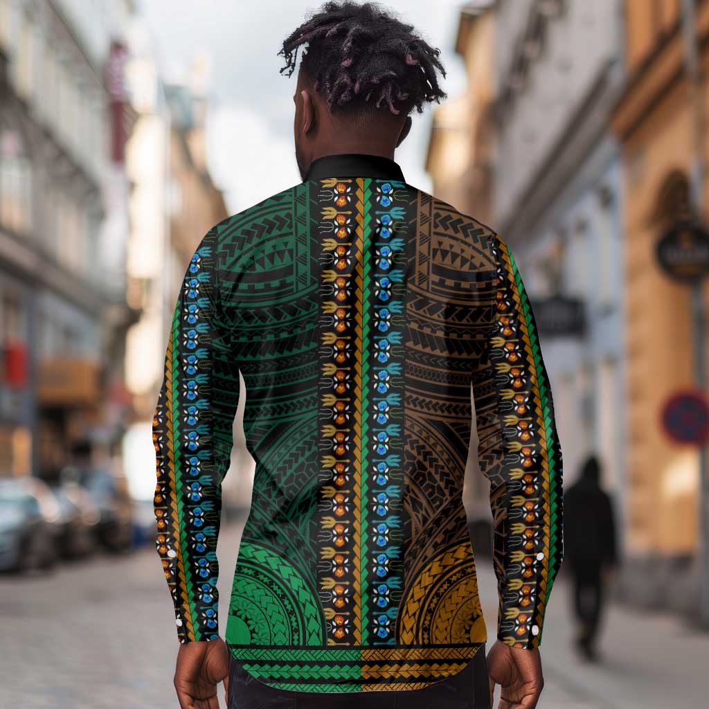 African Dashiki and Polynesian Pattern Long Sleeve Button Shirt Half Green-Gold
