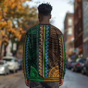 African Dashiki and Polynesian Pattern Long Sleeve Shirt Half Green-Gold