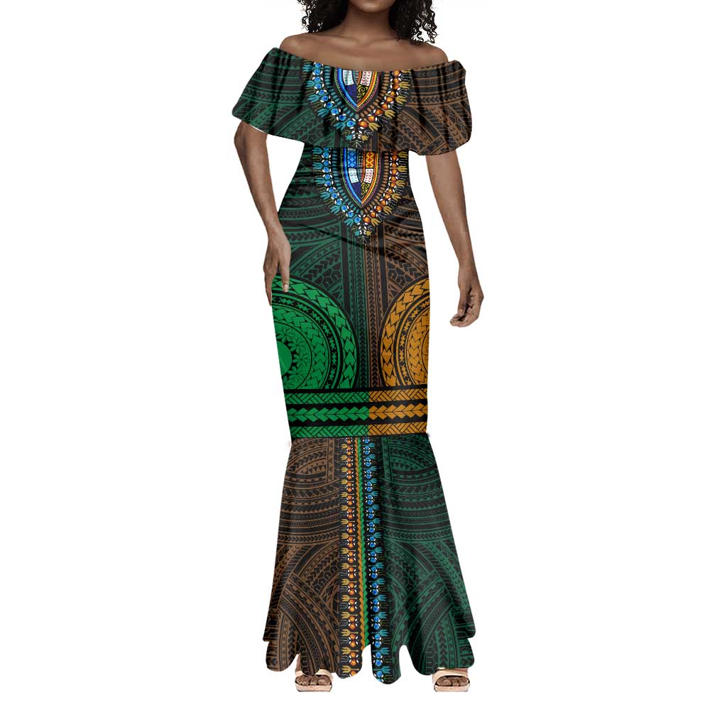 African Dashiki and Polynesian Pattern Mermaid Dress Half Green-Gold