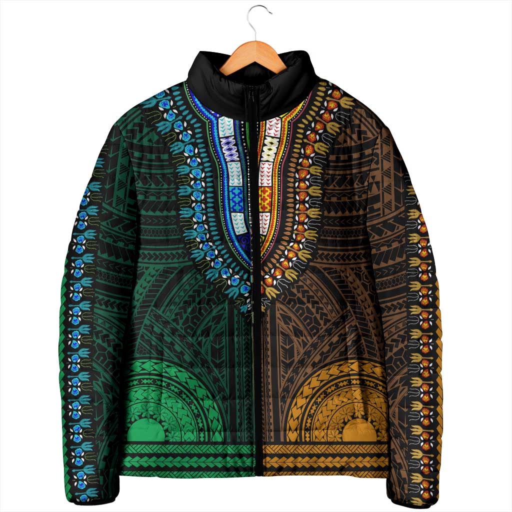 African Dashiki and Polynesian Pattern Padded Jacket Half Green-Gold