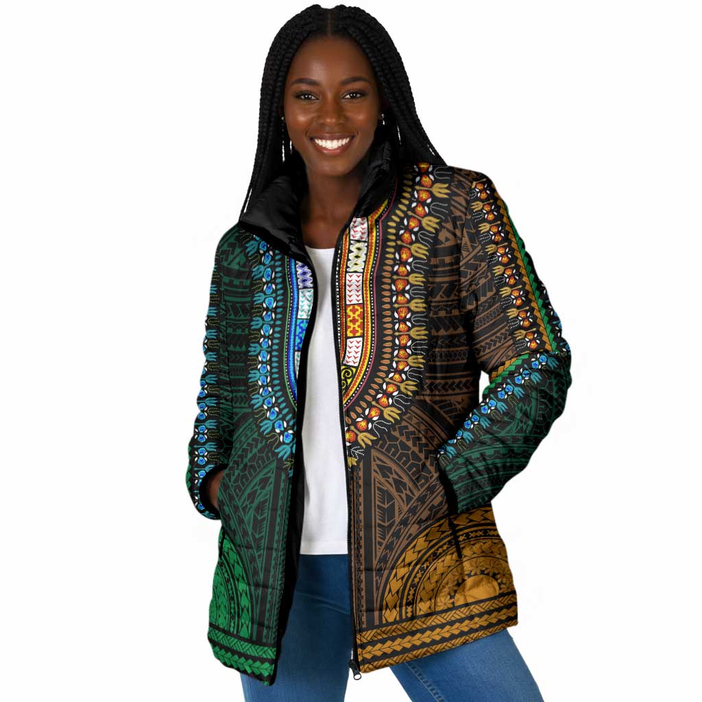African Dashiki and Polynesian Pattern Padded Jacket Half Green-Gold