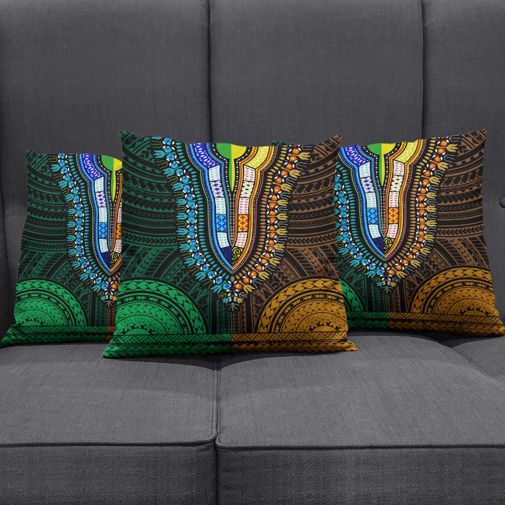 African Dashiki and Polynesian Pattern Pillow Cover Half Green-Gold