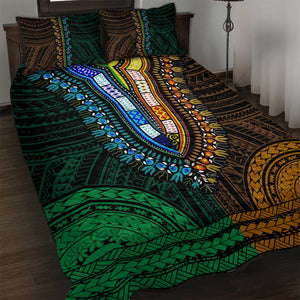 African Dashiki and Polynesian Pattern Quilt Bed Set Half Green-Gold
