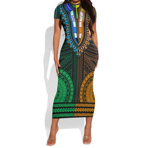 African Dashiki and Polynesian Pattern Short Sleeve Bodycon Dress Half Green-Gold LT9