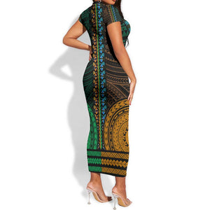 African Dashiki and Polynesian Pattern Short Sleeve Bodycon Dress Half Green-Gold LT9