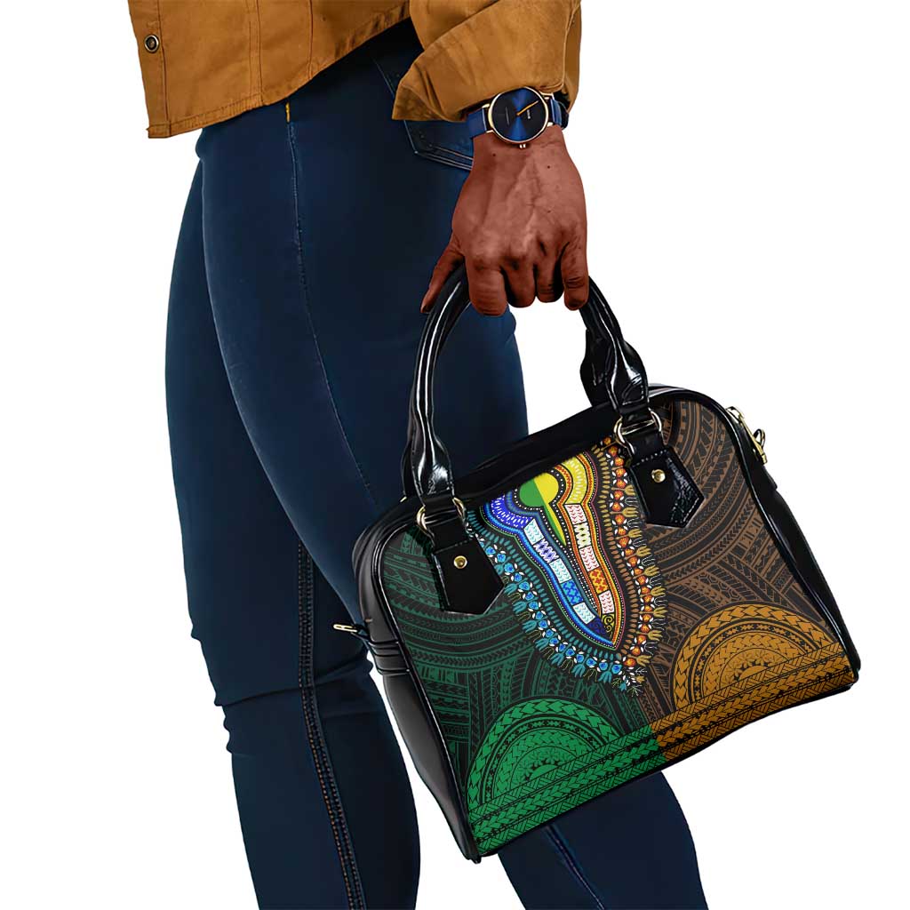 African Dashiki and Polynesian Pattern Shoulder Handbag Half Green-Gold