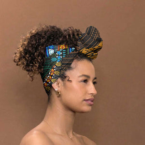 African Dashiki and Polynesian Pattern Simple Headwrap Half Green-Gold