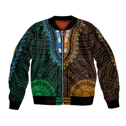 African Dashiki and Polynesian Pattern Sleeve Zip Bomber Jacket Half Green-Gold