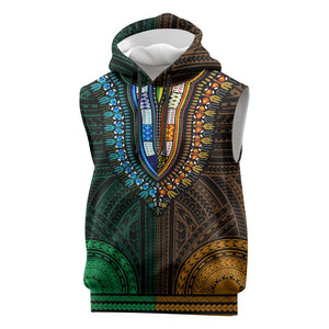 African Dashiki and Polynesian Pattern Sleeveless Hoodie Half Green-Gold - African Pride