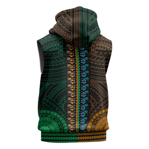 African Dashiki and Polynesian Pattern Sleeveless Hoodie Half Green-Gold - African Pride