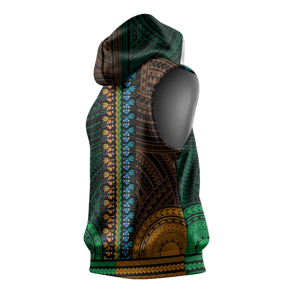 African Dashiki and Polynesian Pattern Sleeveless Hoodie Half Green-Gold - African Pride