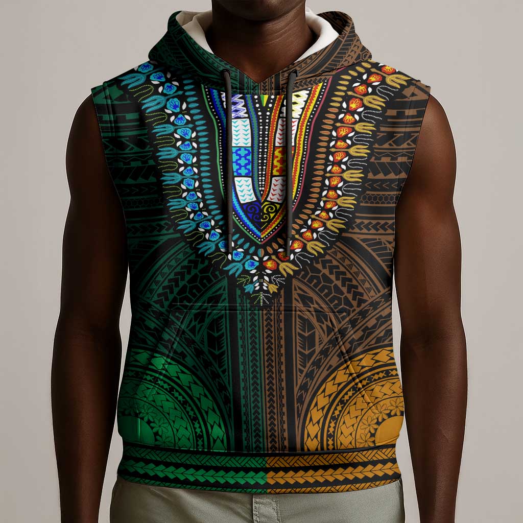 African Dashiki and Polynesian Pattern Sleeveless Hoodie Half Green-Gold - African Pride