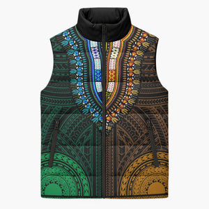 African Dashiki and Polynesian Pattern Sleeveless Puffer Jacket Half Green-Gold