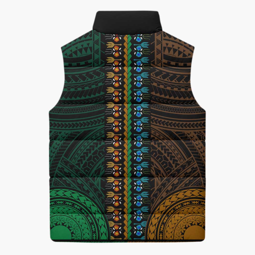 African Dashiki and Polynesian Pattern Sleeveless Puffer Jacket Half Green-Gold
