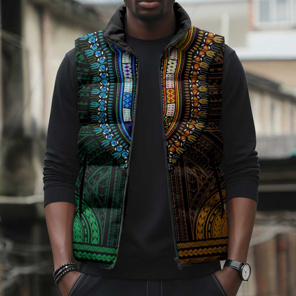 African Dashiki and Polynesian Pattern Sleeveless Puffer Jacket Half Green-Gold