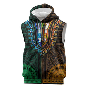 African Dashiki and Polynesian Pattern Sleeveless Zip Hoodie Half Green-Gold - African Pride