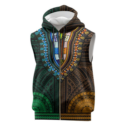 African Dashiki and Polynesian Pattern Sleeveless Zip Hoodie Half Green-Gold - African Pride
