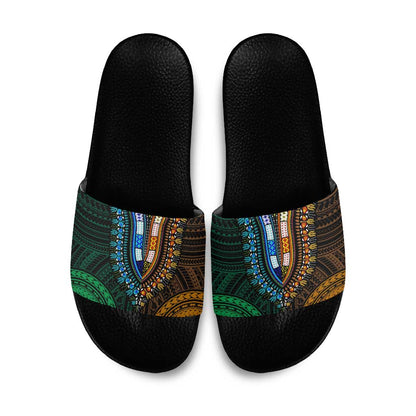 African Dashiki and Polynesian Pattern Slide Sandals Half Green-Gold