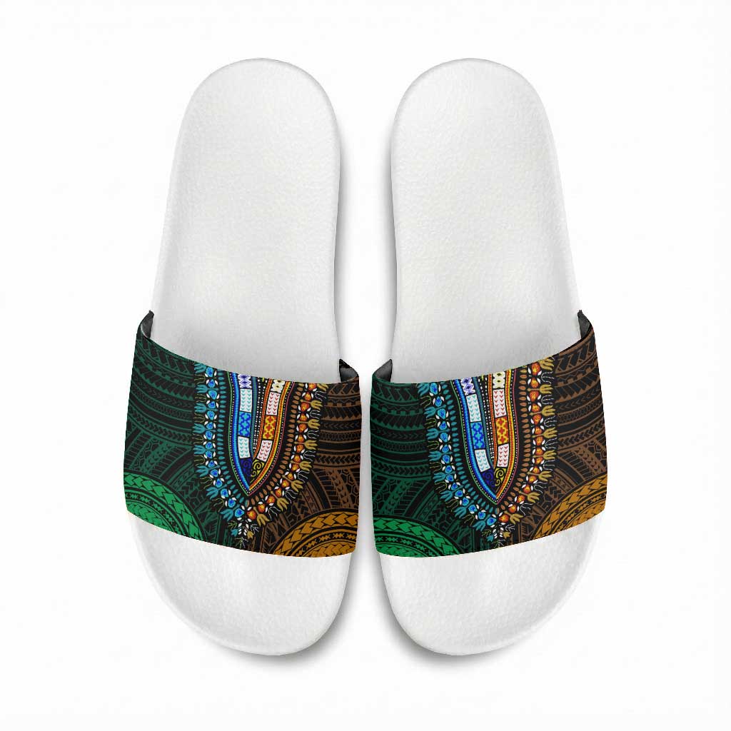 African Dashiki and Polynesian Pattern Slide Sandals Half Green-Gold