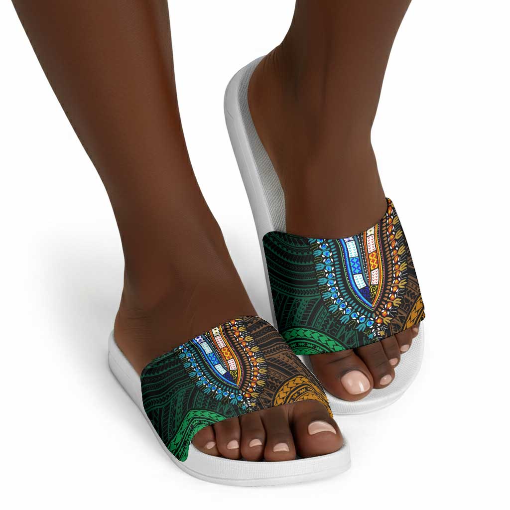 African Dashiki and Polynesian Pattern Slide Sandals Half Green-Gold