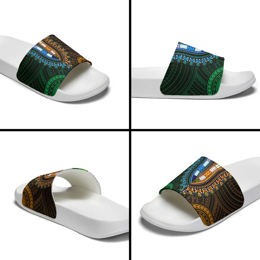 African Dashiki and Polynesian Pattern Slide Sandals Half Green-Gold