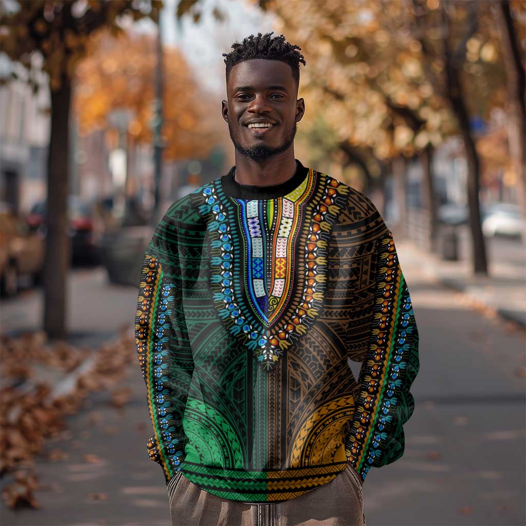 African Dashiki and Polynesian Pattern Sweatshirt Half Green-Gold