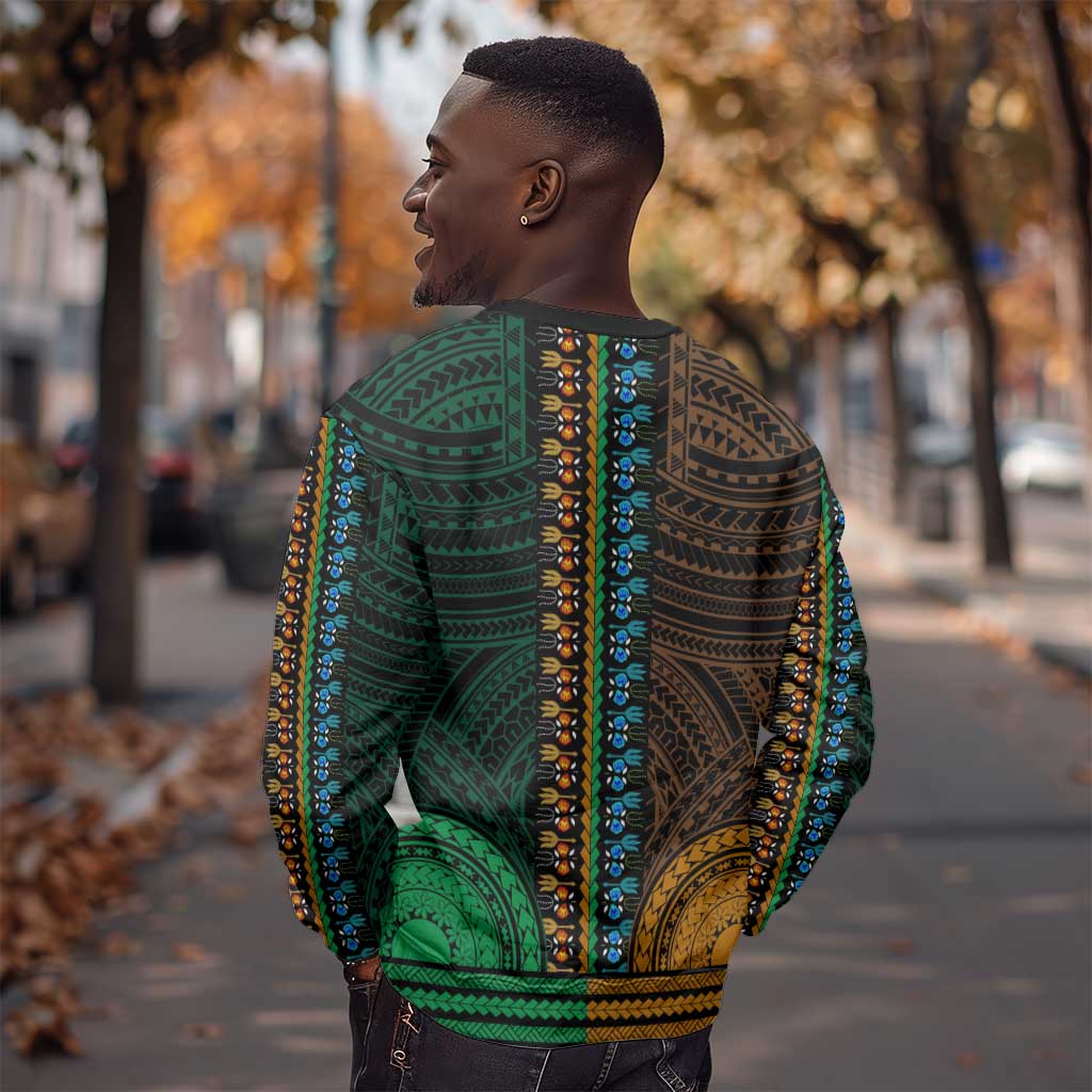 African Dashiki and Polynesian Pattern Sweatshirt Half Green-Gold